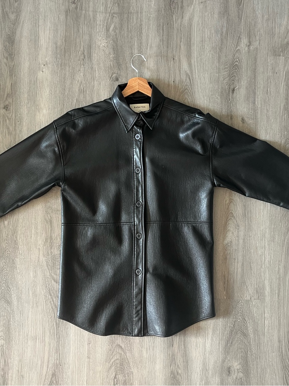 Babaton Black Faux Leather Button-Front Shirt Jacket